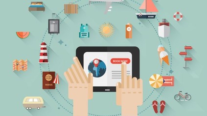 Animation Mann bucht etwas auf Touchpad