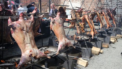 Beim Grill- und Genussfestival werden Schweine im Asado-Stil gegrillt