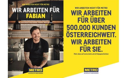 Ein Werbeplakat von Metro auf dem steht Wir arbeiten nicht für Metro, wir arbeiten für Fabian