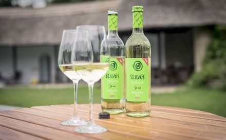 Zwei Flaschen Servus und zwei damit gefüllte Gläser