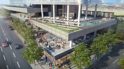 Grafik eines geplanten Marriott-Hotels in Nashville mit Terrassen und Außenpool