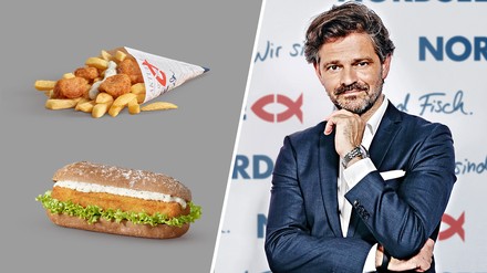 „Visch & Chips“ (oben) oder das „Backvisch-Baguette“ (unten) – beides mit pflanzlichen Fischalternativen, gibt es nun in mehreren Test-Filialen in Deutschland und Österreich; NORDSEE-CEO Carsten Horn
