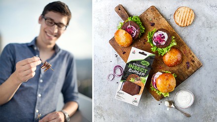 Essento-Co-Founder und -Geschäftsführer Christian Bärtsch; Insekten-Burger von Essento