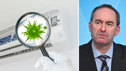 Links: Grafik eines Raumluftreinigers und einer Hand im weißen Handschuh, die eine Lupe hält, unter der man grüne Viren erkennt; rechts: Bayerns Wirtschaftsminister Hubert Aiwanger