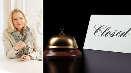 ÖHV-Präsidentin Michaela Reitterer (links); rechts: eine Rezeptionsklingel und ein weißes Schild auf dem „Closed“ steht vor schwarzem Hintergrund