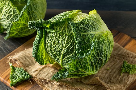 Ein saftiger grüner Wirsing-Kohlkopf auf einem Holztisch