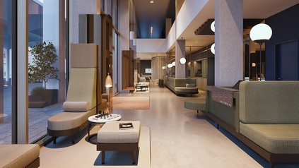 Lobby mit Hotelbar des neueröffneten Meininger Hotel Bremen Hauptbahnhof