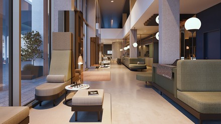 Lobby mit Hotelbar des neueröffneten Meininger Hotel Bremen Hauptbahnhof