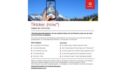 Tiktok-Stellenanzeige von Schweiz Tourismus