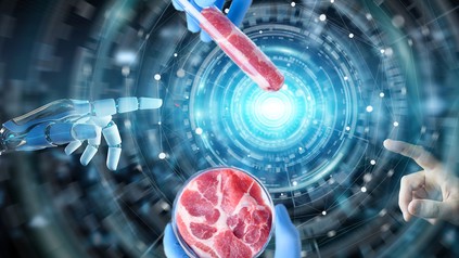 Künstliches Fleisch in einem Reagenzglas und in einer Petrischale