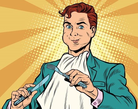 Zeichnung Mann mit Serviette und Besteck