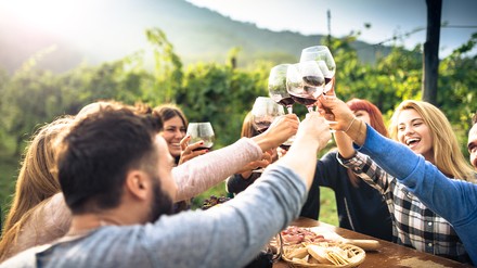 Gruppe Menschen stößt mit Wein an