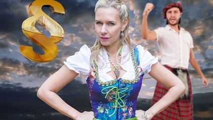 Eine Bayerin im Dirndl und ein Schotte im Schottenrock zanken