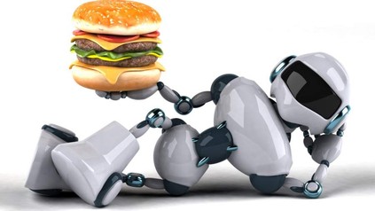 Ein Roboter in entspannter Pose hält einen köstlichen Burger hoch