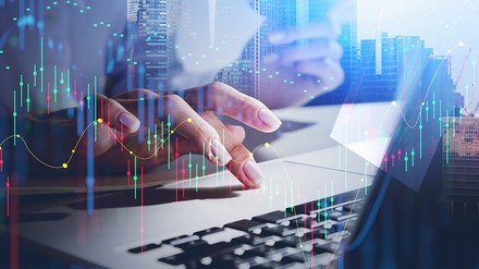 Peron checkt die Aktien am Laptop