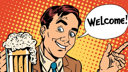 Zeichnung Mann hält Bierkrug und sagt "welcome!"