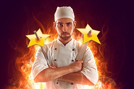 Ein wütender Koch, der mit Messern Sterne aufspießt