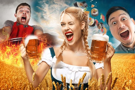 Frau mit Bierkrügen und zwei Männer.