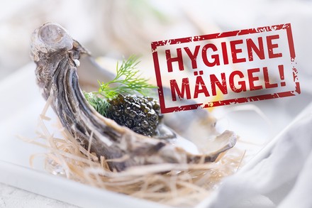 Eine Auster mit einem Stempel „Hygienemängel“