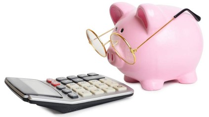 Sparschwein mit Brille sieht auf Taschenrechner