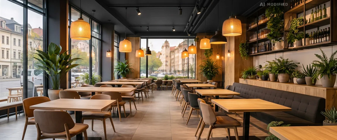 Symbolbild, KI-generiert: Innenraum eines Restaurants mit Holztischen und Pflanzen
